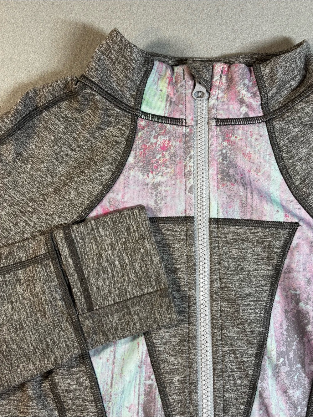 Lululemon Ivivva Heather Gray Zip Front Jacket with Pink-Blue Panel